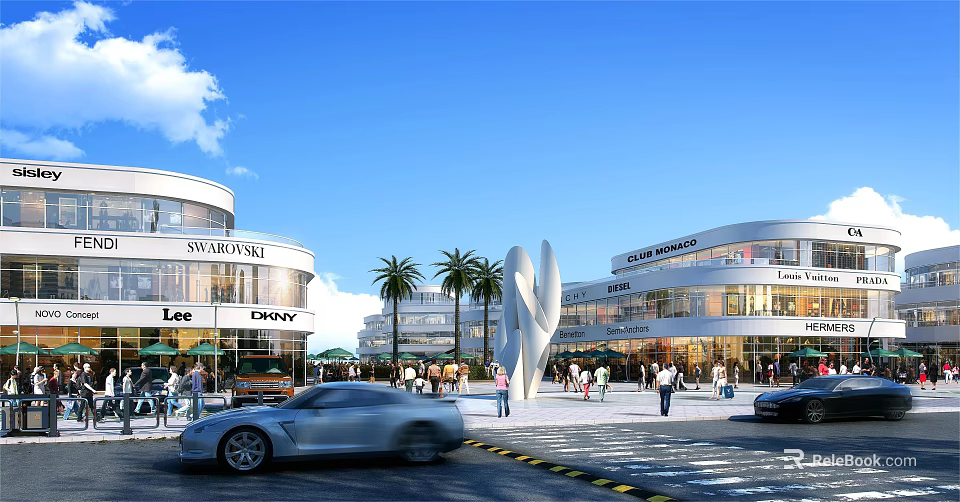 Bustling Modern Commercial Street with Brand Stores Palm Trees Pedestrians and Vehicles 3d model 