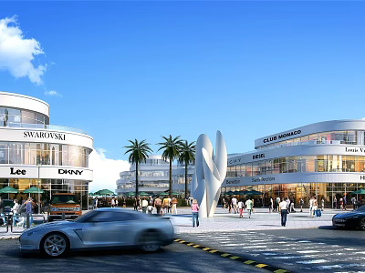 Bustling Modern Commercial Street with Brand Stores Palm Trees Pedestrians and Vehicles 3d model
