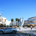 Bustling Modern Commercial Street with Brand Stores Palm Trees Pedestrians and Vehicles