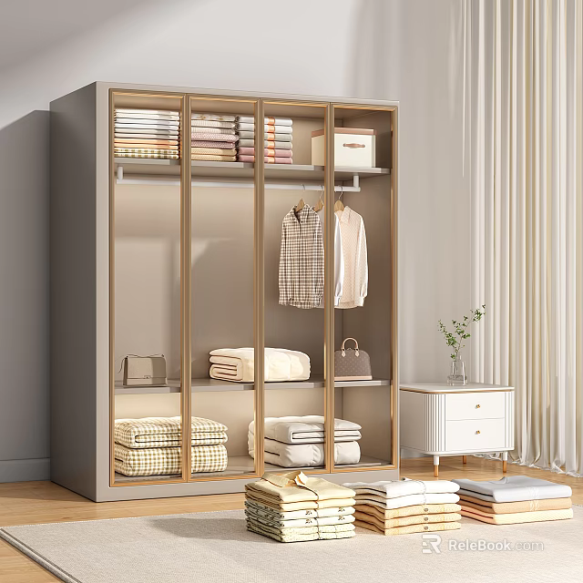 Organized Clothes Storage in Modern Wardrobe with Folded Items Hanging Shirts and Side Cabinet 3d model 