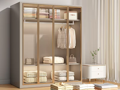 Organized Clothes Storage in Modern Wardrobe with Folded Items Hanging Shirts and Side Cabinet 3d model
