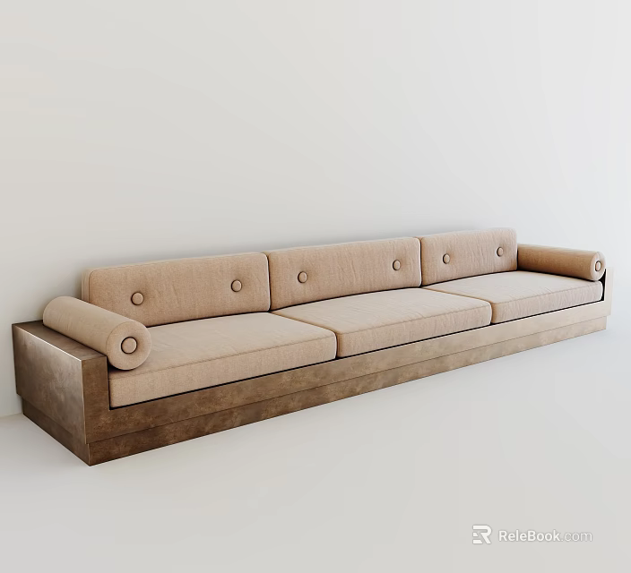 Modern Beige Sectional Sofa With Wooden Base And Button Tufted Design 3d model