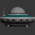 Turquoise Flying Saucer Model With Silver Dome And Yellow Glowing Base On Reflective Black Surface