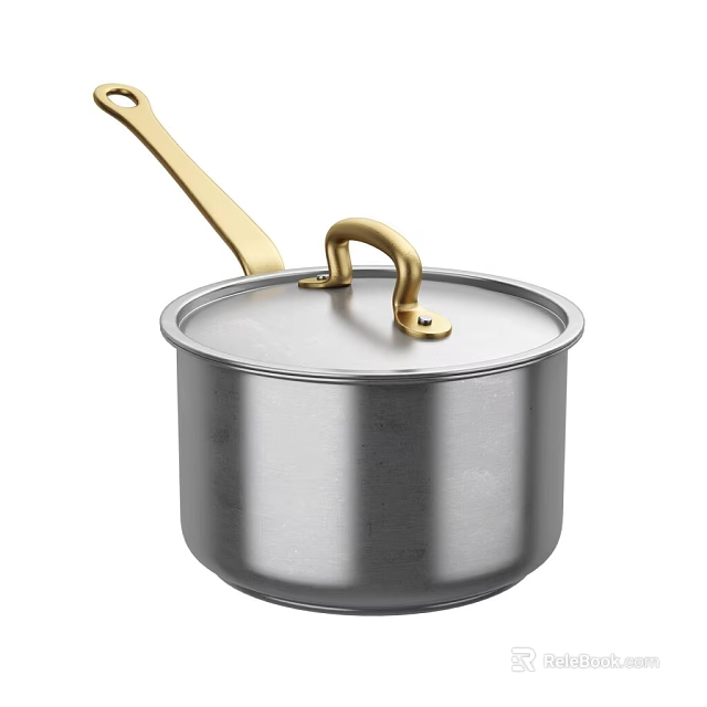 Stainless Steel Cooking Pot With Golden Handle And Secure Fitting Lid Modern Design 3d model 