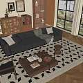 Black Leather Sofa Coffee Table Set With Pillows Books Vase Throw Blanket And Green Plant