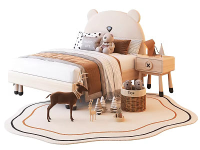 Cute Children's Bed with Bear Ear Headboard Teddy Bear and Wooden Nightstand on Decorative Rug 3d model