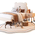 Cute Children's Bed with Bear Ear Headboard Teddy Bear and Wooden Nightstand on Decorative Rug