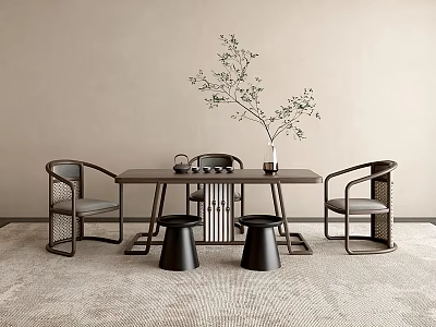 Modern Tea Table And Chairs Set With Metal Frame Stools Green Plant And Carpet 3d model