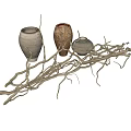 Decorative Ornament Set With Assorted Colored Clay Vases And Natural Twigs