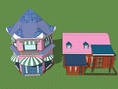 Colorful Cartoon Storefront Buildings With Blue Pink Roofs And Striped Awnings 3d model