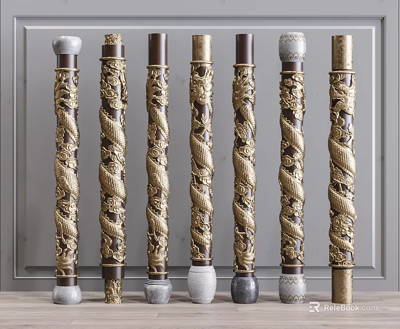 Decorative Columns with Intricate Dragon Patterns and Twisted Carvings in Ornate Design 3d model 