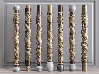 Decorative Columns with Intricate Dragon Patterns and Twisted Carvings in Ornate Design 3d model