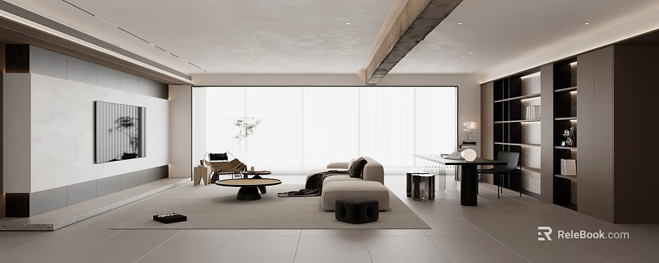 Modern Minimalist Dining Living Room Interior With Large Windows Sofa Coffee Table And Dining Table 3d model 