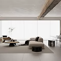 Modern Minimalist Dining Living Room Interior With Large Windows Sofa Coffee Table And Dining Table