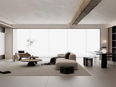 Modern Minimalist Dining Living Room Interior With Large Windows Sofa Coffee Table And Dining Table 3d model