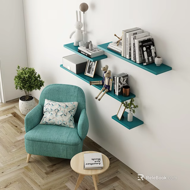 Turquoise Single Sofa With Geometric Pillow Round Side Table And Wall Shelves Books 3d model 