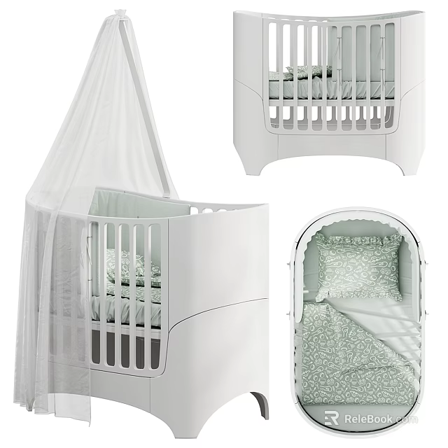 White Baby Crib With Mosquito Net And Bedding 3d model 