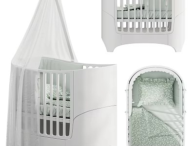 White Baby Crib With Mosquito Net And Bedding 3d model