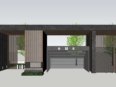 Modern Entrance Gate Design With Black Walls Wooden Slats Green Plants And Garage Door 3d model