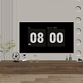 Walnut Wooden TV Stand With Decorative Ornaments Textured Wall Circular Patterns And Green Plant