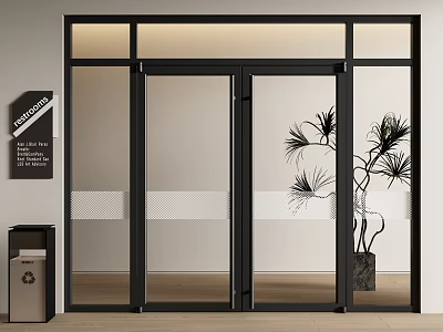 Modern Glass Double Doors With Black Frame And Interior Plant Decoration 3d model