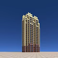 Tall Residential Building with Yellow Red Exterior Windows Decorative Top Against Blue Sky Background