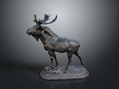 Detailed Bronze Moose Statue In Standing Pose With Intricate Base Design 3d model