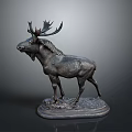 Detailed Bronze Moose Statue In Standing Pose With Intricate Base Design