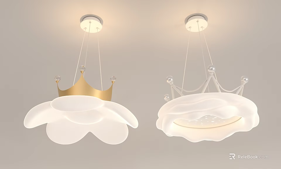 Crown Shaped Gold And White Ceiling Chandeliers With Petal Like Shades 3d model 