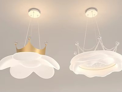 Crown Shaped Gold And White Ceiling Chandeliers With Petal Like Shades 3d model