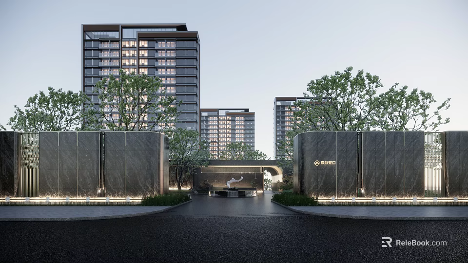 Modern Garden Landscape Design With High Rise Residential Buildings Green Trees And Stone Walls 3d model 