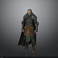 Medieval Armored Man In Green Cloak And Detailed Metal Armor