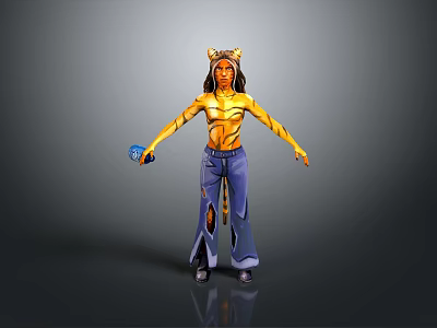 3D Female Character With Cat Ears Golden Hair Blue Ripped Jeans Holding Blue Object 3d model