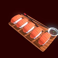 Fresh Salmon Sushi Served on Wooden Tray with Soy Sauce and Chopsticks