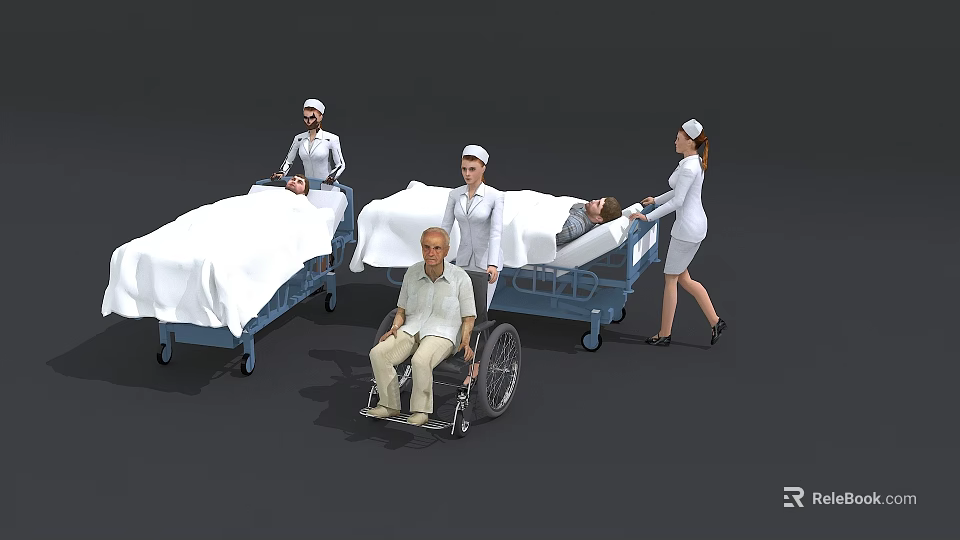 Nurses Assisting Patients On Hospital Bed And Wheelchair In Medical Scene 3d model 