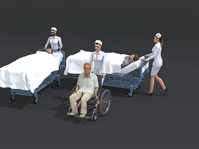 Nurses Assisting Patients On Hospital Bed And Wheelchair In Medical Scene 3d model