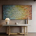 Modern Interior With Large Colorful Striped Painting Wooden Table Lamp Vase And Window