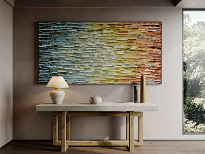 Modern Interior With Large Colorful Striped Painting Wooden Table Lamp Vase And Window 3d model