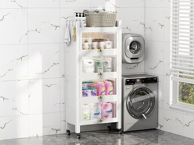 White Rolling Storage Rack With Towel Bar Organizes Laundry Supplies 3d model