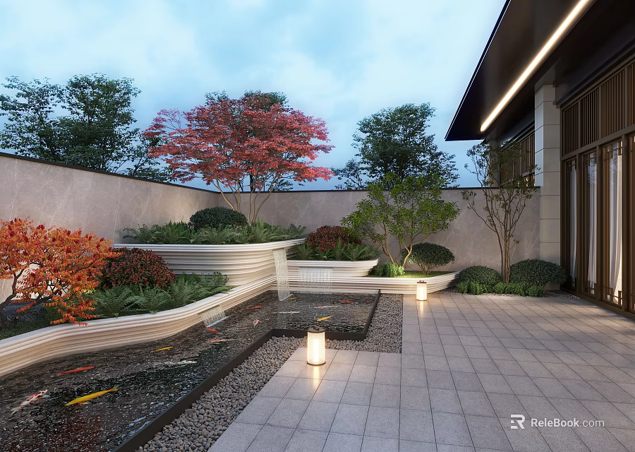 Serene Garden Landscape With Koi Fish Pond Red Maple Tree Greenery Stone Steps Lantern Lights 3d model 