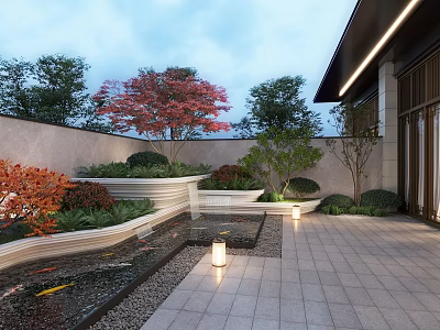 Serene Garden Landscape With Koi Fish Pond Red Maple Tree Greenery Stone Steps Lantern Lights 3d model