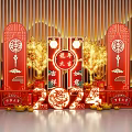 Red Traditional Chinese Festive Decorations With Double Happiness Symbol Lanterns And Golden Ornaments