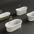 Freestanding Bathtubs In Green And White With Brass Faucets And Metal Feet