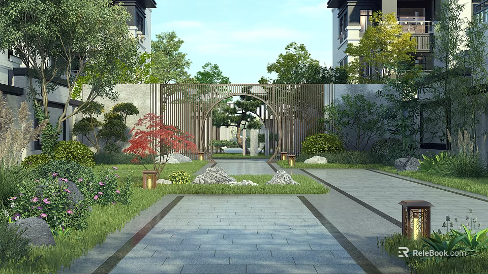 Traditional Chinese Garden Landscape Featuring Stone Pathway Rock Formations Circular Archway and Red Maple Tree 3d model 