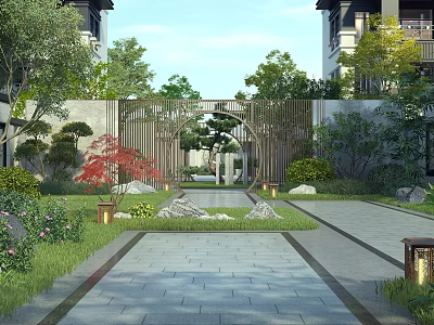 Traditional Chinese Garden Landscape Featuring Stone Pathway Rock Formations Circular Archway and Red Maple Tree 3d model