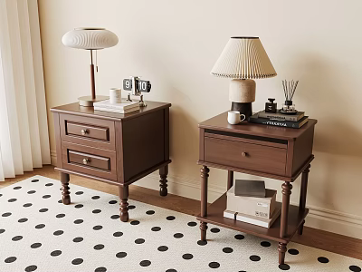 Modern Wooden Bedside Tables With Table Lamps Books Photo Frame Diffuser And Polka Dot Rug 3d model