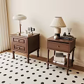 Modern Wooden Bedside Tables With Table Lamps Books Photo Frame Diffuser And Polka Dot Rug