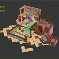 Playful Cartoon Scene Pink Multi Level Building With Detailed Room Interior Staircase And Balcony