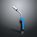 Handheld Blue And Black Weapon With Curved Metal Tube And Ergonomic Grip Design