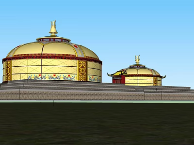 Golden Traditional Yurts with Ornate Decorations under Blue Sky on Grassland 3d model